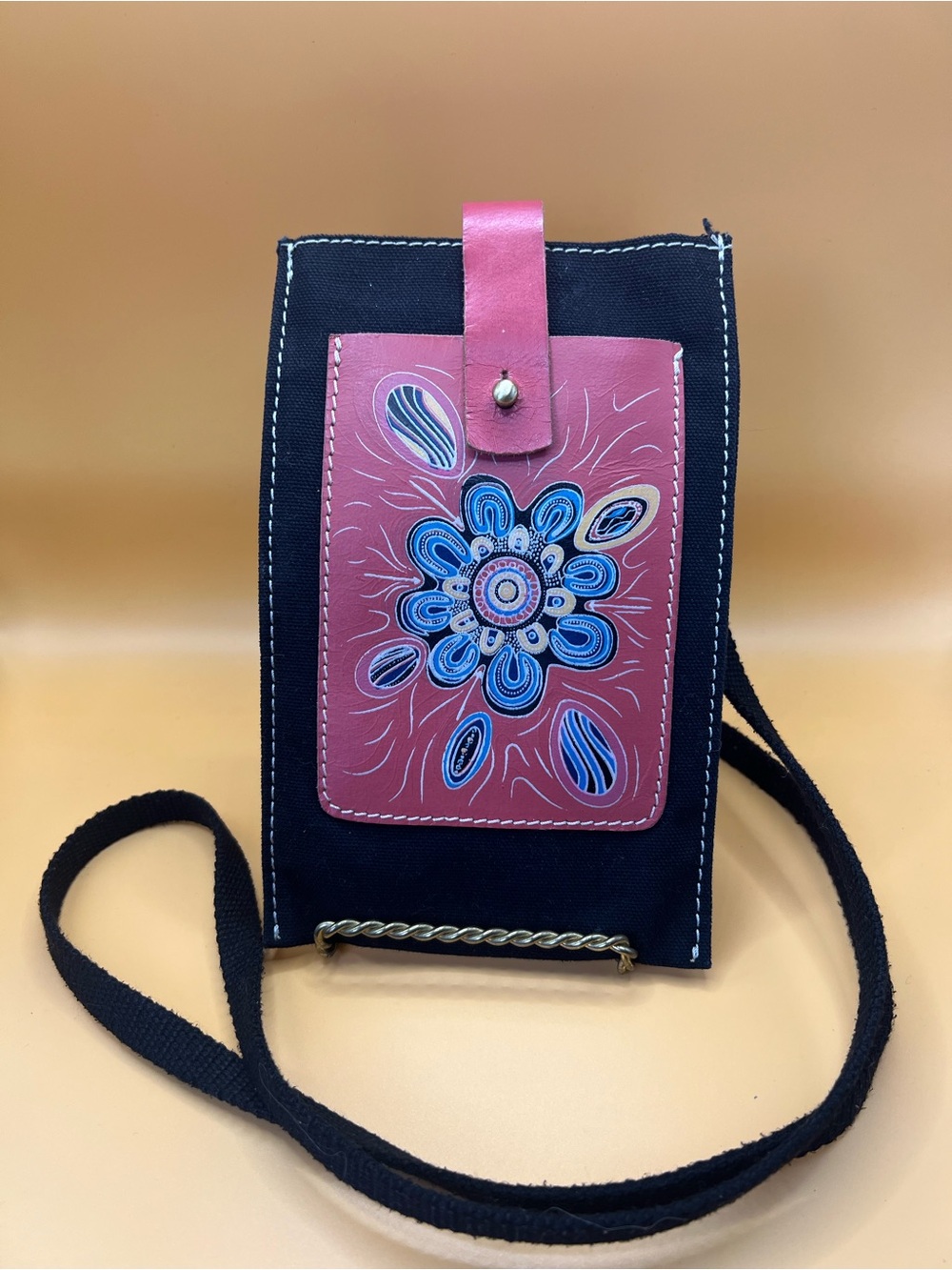 Murra Art Journeys Hand-Painted Indigenous Leather & Denim Crossbody Pouch Bag